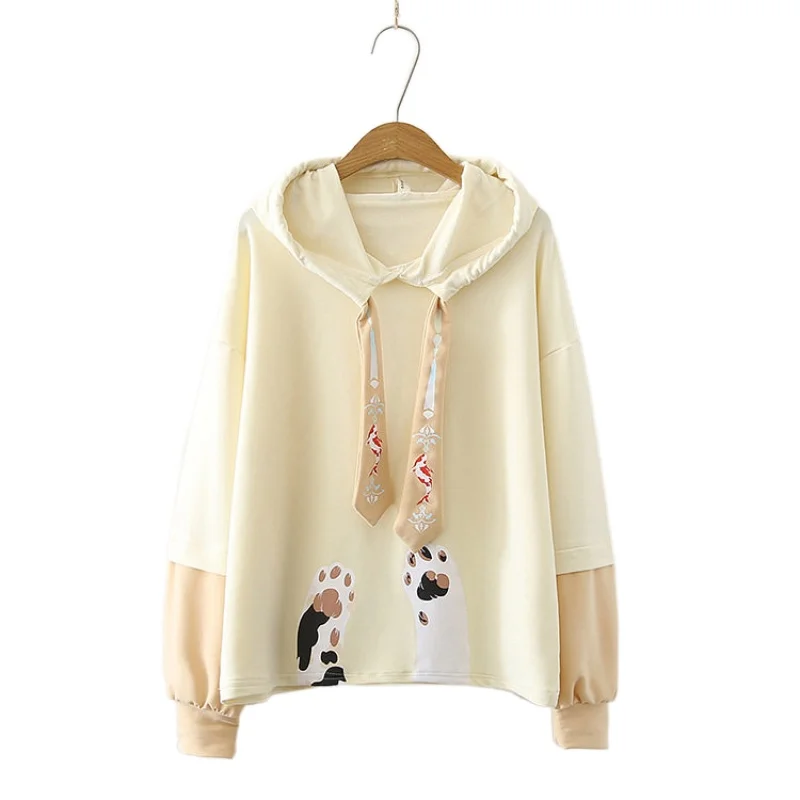 Women's Korean Style Cute Hem Cat Paw Print Hooded Streamer Thin Student Long Sleeve Harajuku Hoodies Sweatshirt 209485