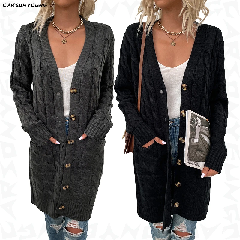 CARSONYEUNG Vintage Twist Cardigan Women Sweater Knitwear 2021 Autumn Winter Female Long Knitted Coat Button Cardigans New |