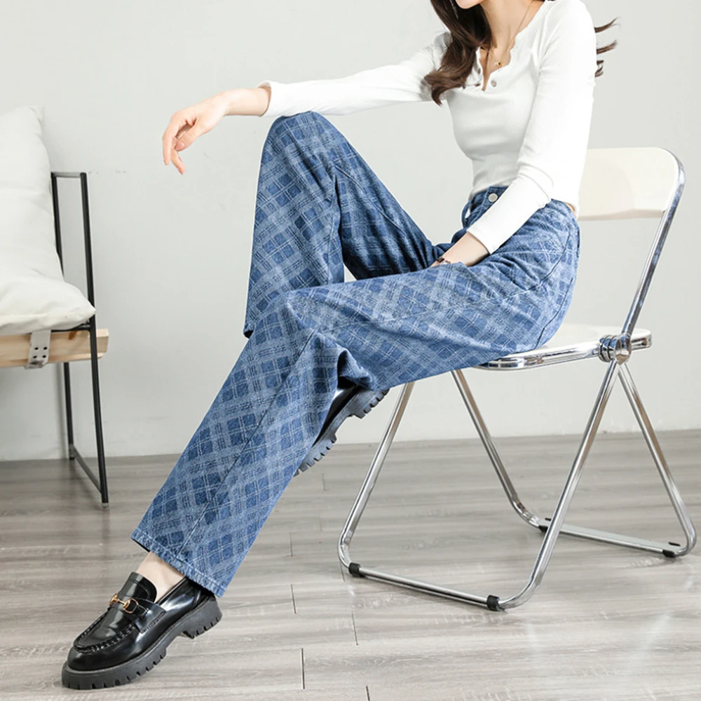 Модные клетчатые уличные женские джинсы Y2k Клубные прямые брюки с высокой талией