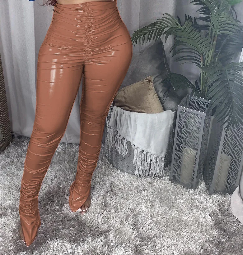

PU Leather Casual Stacked Pants Sexy High Waist Bottom Split Trousers Women Flare Tights Leggings Fashionable Woman's Clothing