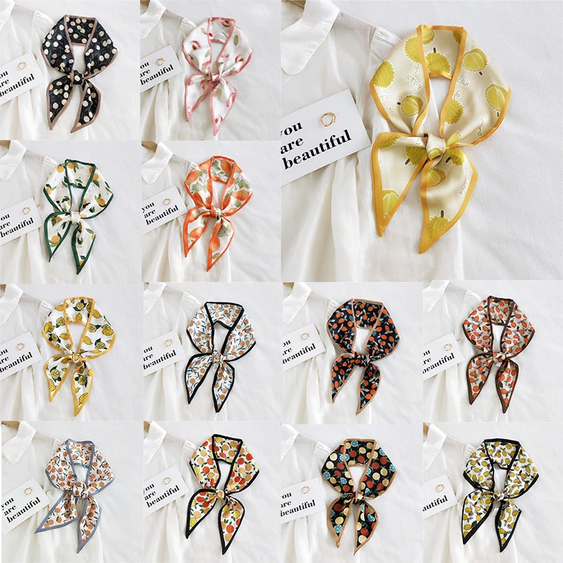 

Fruit Print Silk Scarf Headband Small Neck Scarf DIY Headscarf Scarves Long Ribbon Hair Tie Band Female Shawls And Wraps