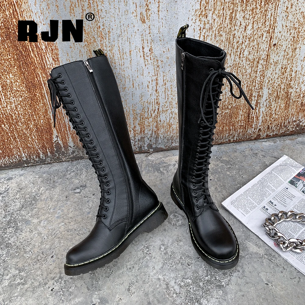 

RJN New Stylish Knee-high Boots Lace-up High Quality Genuine Leather Round Toe Boots Low-heel Shoes Women RO357