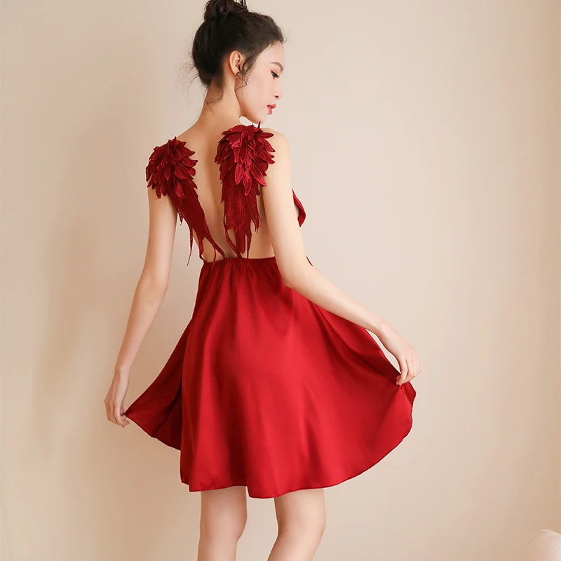 Женская Сексуальная атласная пижама с крыльями ангела кружевная Милая Ночная