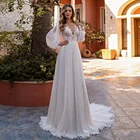 Кружевной с аппликацией шифоновый свадебное платье с рукавами-фонариками, длинное прозрачное свадебное платье с глубоким вырезом, 2021