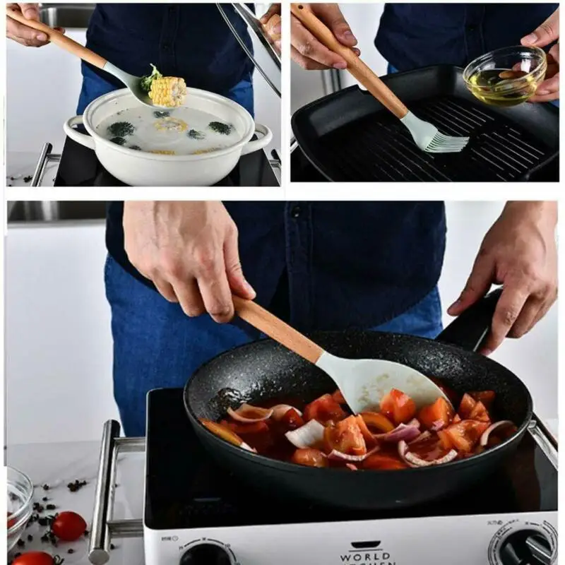 Образец моды Современная силиконовая кухонная утварь набор 12 шт. деревянных