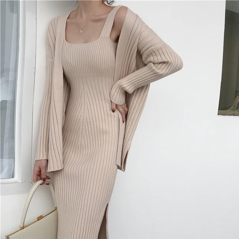 Autumn and winter new versatile slim fashion sexy knit cardigan suit strap dress women's autumn and winter foreign two-piece women