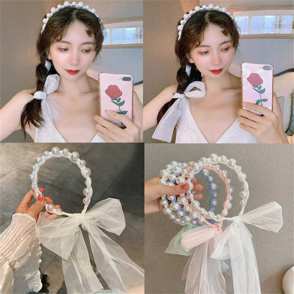 

2022 Fashion Hair Band Women Fairy Pearl Ribbon Headdress Retro Girl Hair Band Female Hair Accessories Handmade Head Hoop Bezel