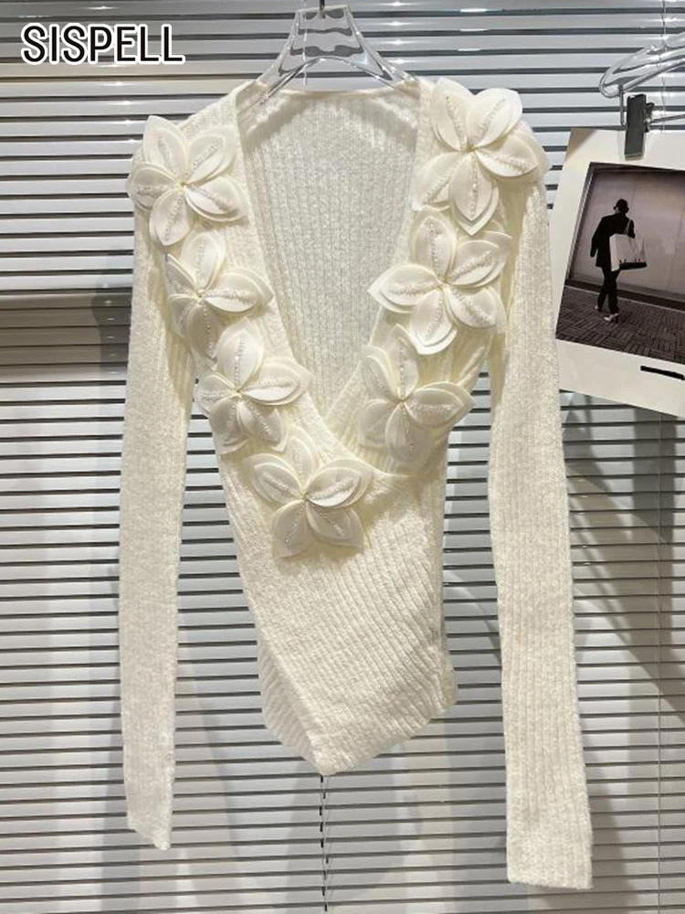 

SISPELL Patchwork Appliques Knitting Sweaters For Women V Neck Slim Long Sleeve Pullovers Female 2021 Autumn Fashion Clothes New