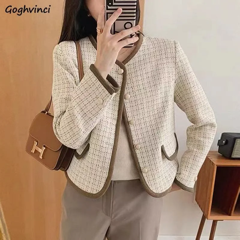 

Basic Jackets Women Plaid Cozy Cropped Long Sleeve O-neck Elegant Temperament Spring Autumn All-match Fashion Tender Loose New