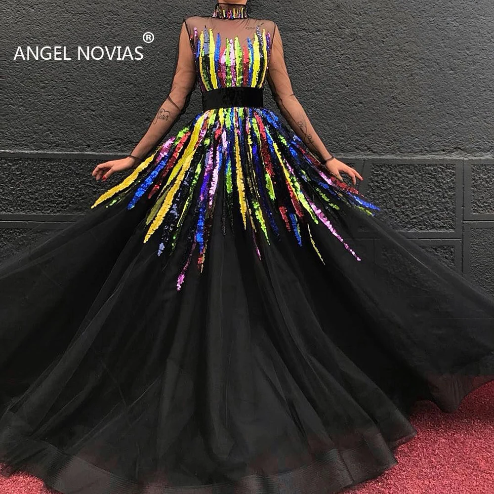 Одежда с длинным рукавом черный высокой горловиной арабский кружевное вечернее