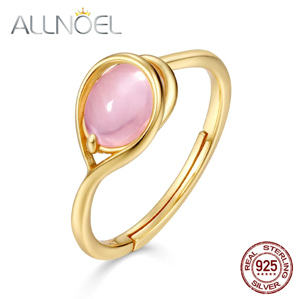 

ALLNOEL 100% 925 Sterling Silver Ring Natural Rose Quartz Rings For Women Real Gold Plated Ring Engagement Wedding Fine Jewelry