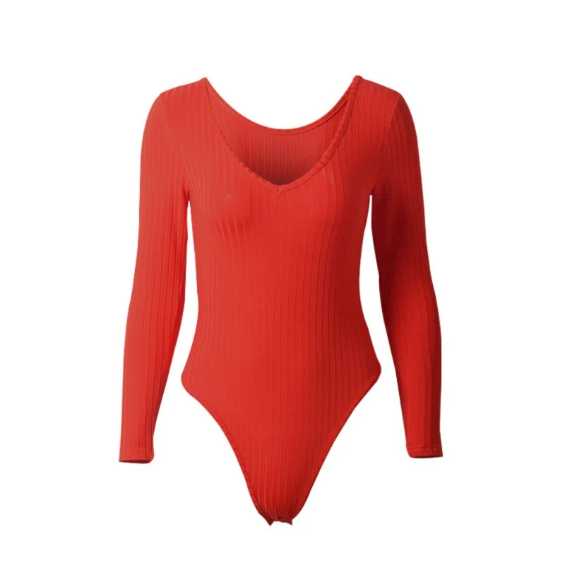 New Fashion solid bodysuit long-sleeved V-neck slim thread bottoming shirt women |