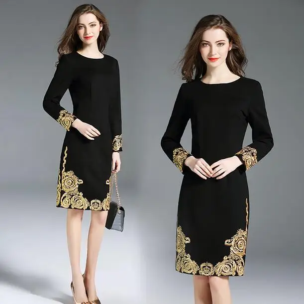 2020 Высокое качество Весна размера плюс черное платье женское подиумное с золотой