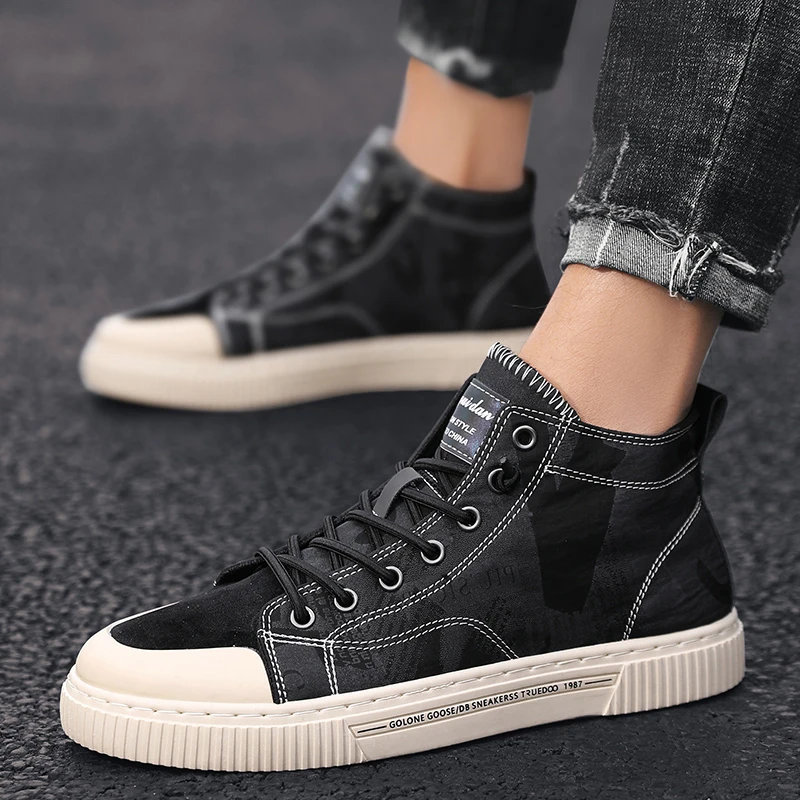 

2021 New Men's Spring High-Top Canvas Board Shoes Korean Style Trendy White Casual Trendy Shoes Graffiti Lazy Spring Shoes