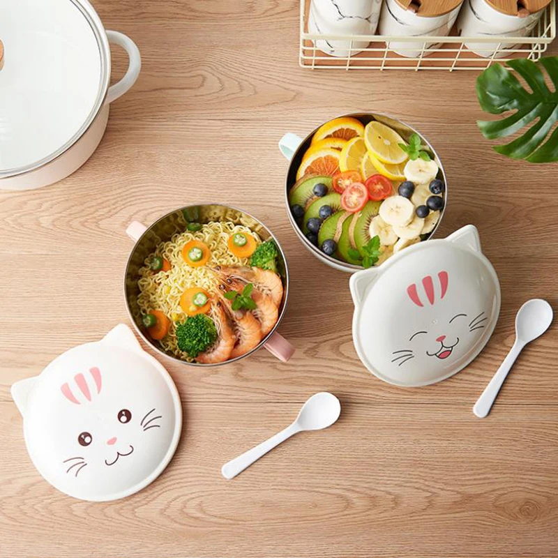 Милая миска из нержавеющей стали с мультяшным котом Ланч бокс крышкой для детей