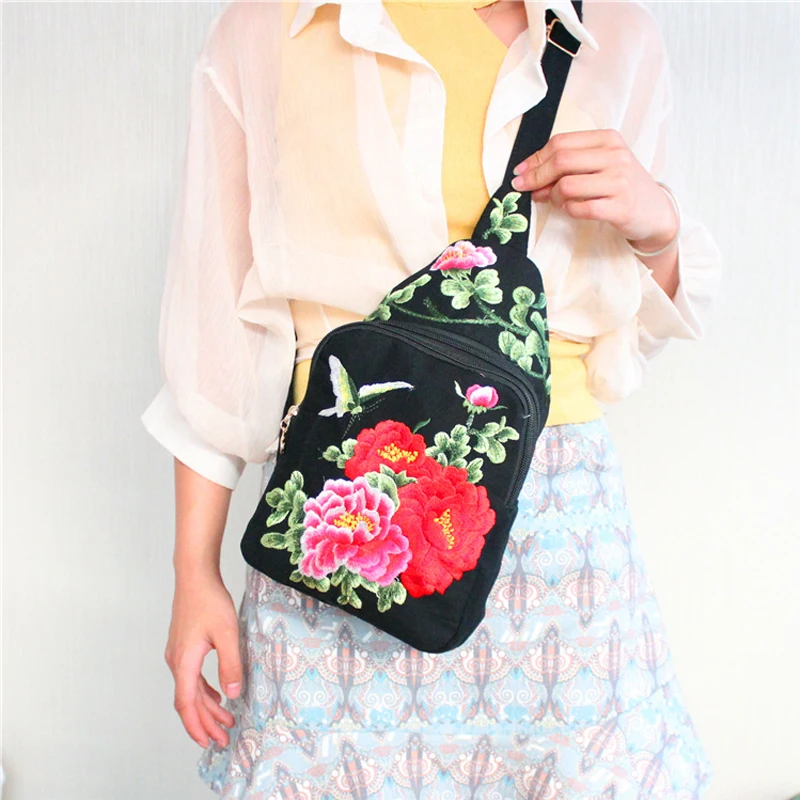 Women Chest Bag Chinese Ethnic Style Hand Embroidery Pretty Flowers Casual Canvas Travel Shoulder Crossbody Bag High Quality
