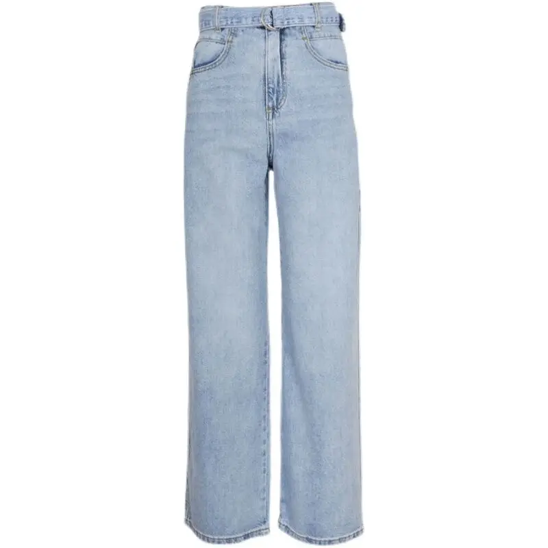 

Women Vintage Blue High Waist Jeans Denim Pants With Matching Buckle Belt Ladies Fashion Casual Trousers
