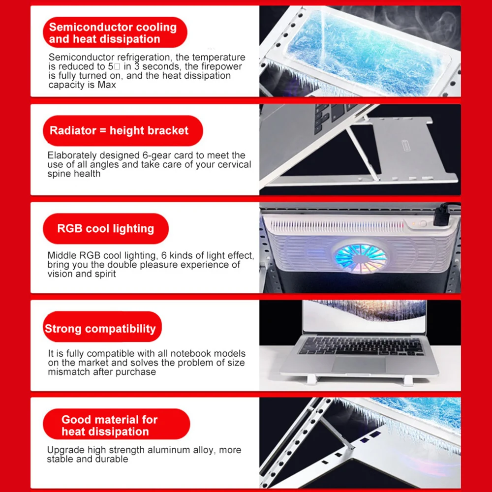 

Notebook Radiator Bracket Quiet Fan RGB Light Semiconductor Refrigeration Laptop Fast Cooling Stand for Play Games