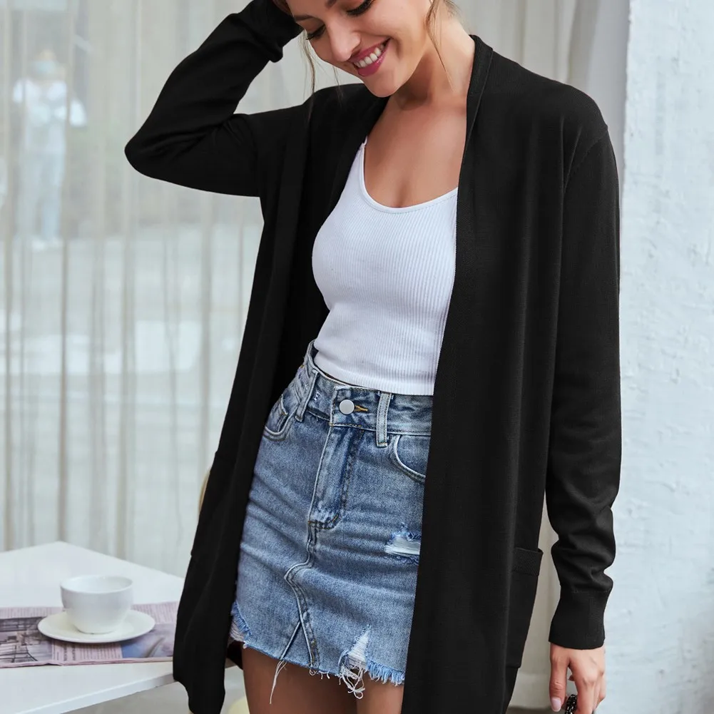 

Grace Karin Women Mid-Thigh Open Cardigan With Pockets Long Sleeve Sweater Open Front Kimono Cardigan Long Knited Coat A50