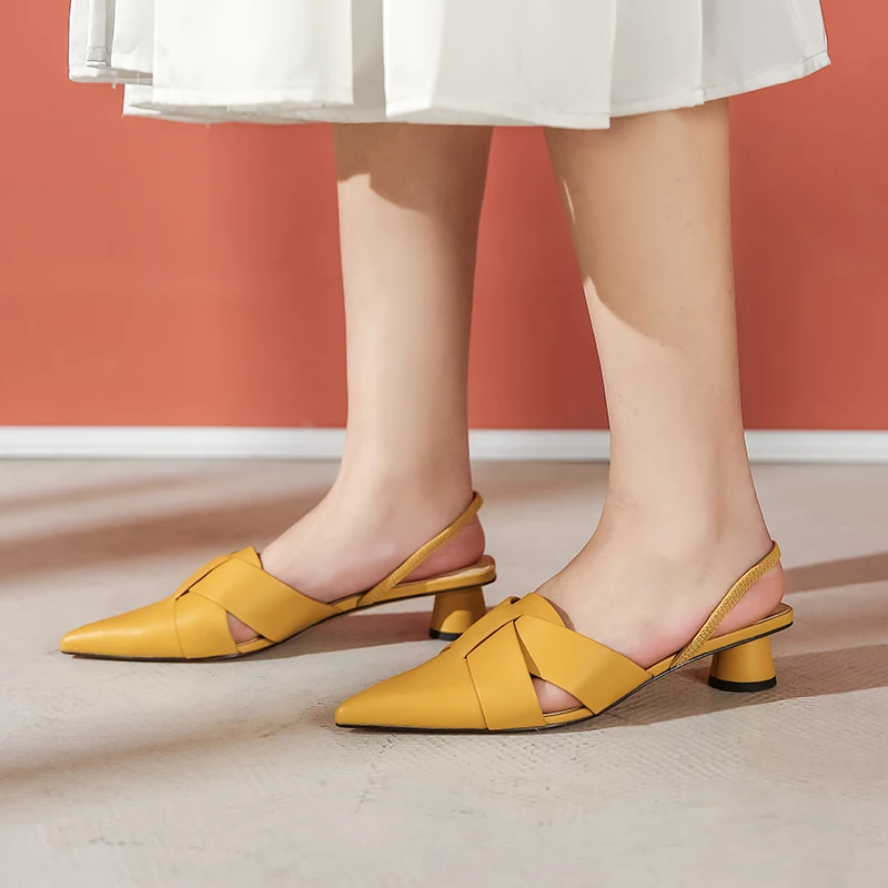 

Rizabina Genuine Leather Sandals Pointed Toe Summer Women Shoes Shallow Thick Heels Party Shoes Heels Casual Shoes Size 33-40