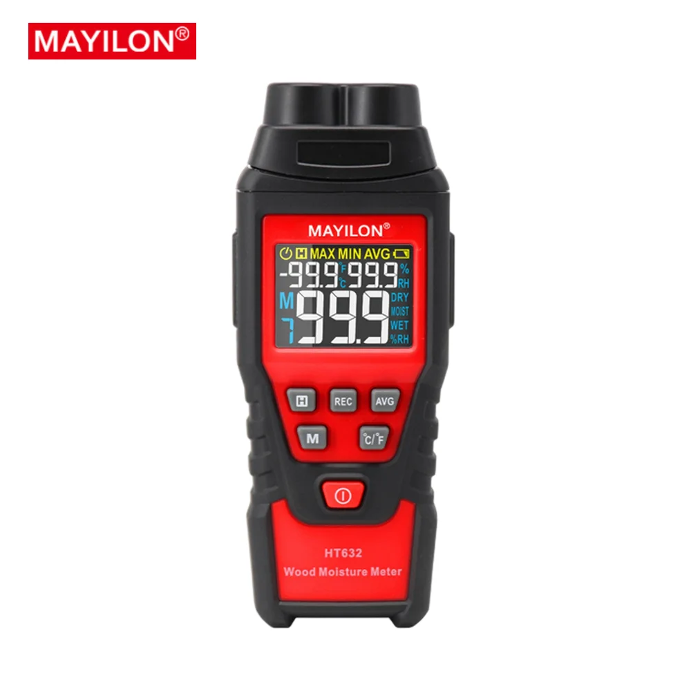 

MAYILON HT632 Digital Wood Moisture Meter 0-99.9% Timber Hygrometer Two Pins Damp Concreate Cement Humidity Detector Tester