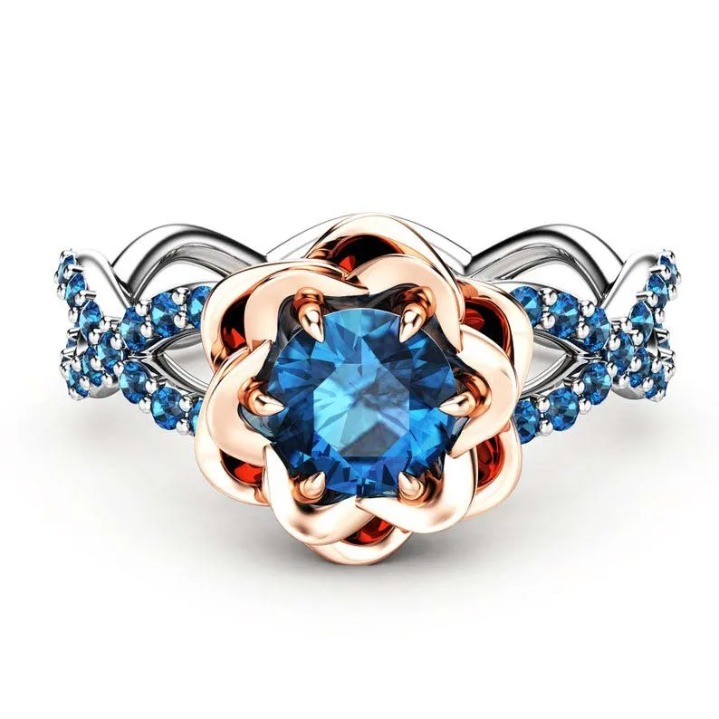 

Elegant Blue CZ Crystal Rose Ring Flower Round AAA Zircon Ring for Women Fashion Wedding Rings Charm Women Engagement Jewelry