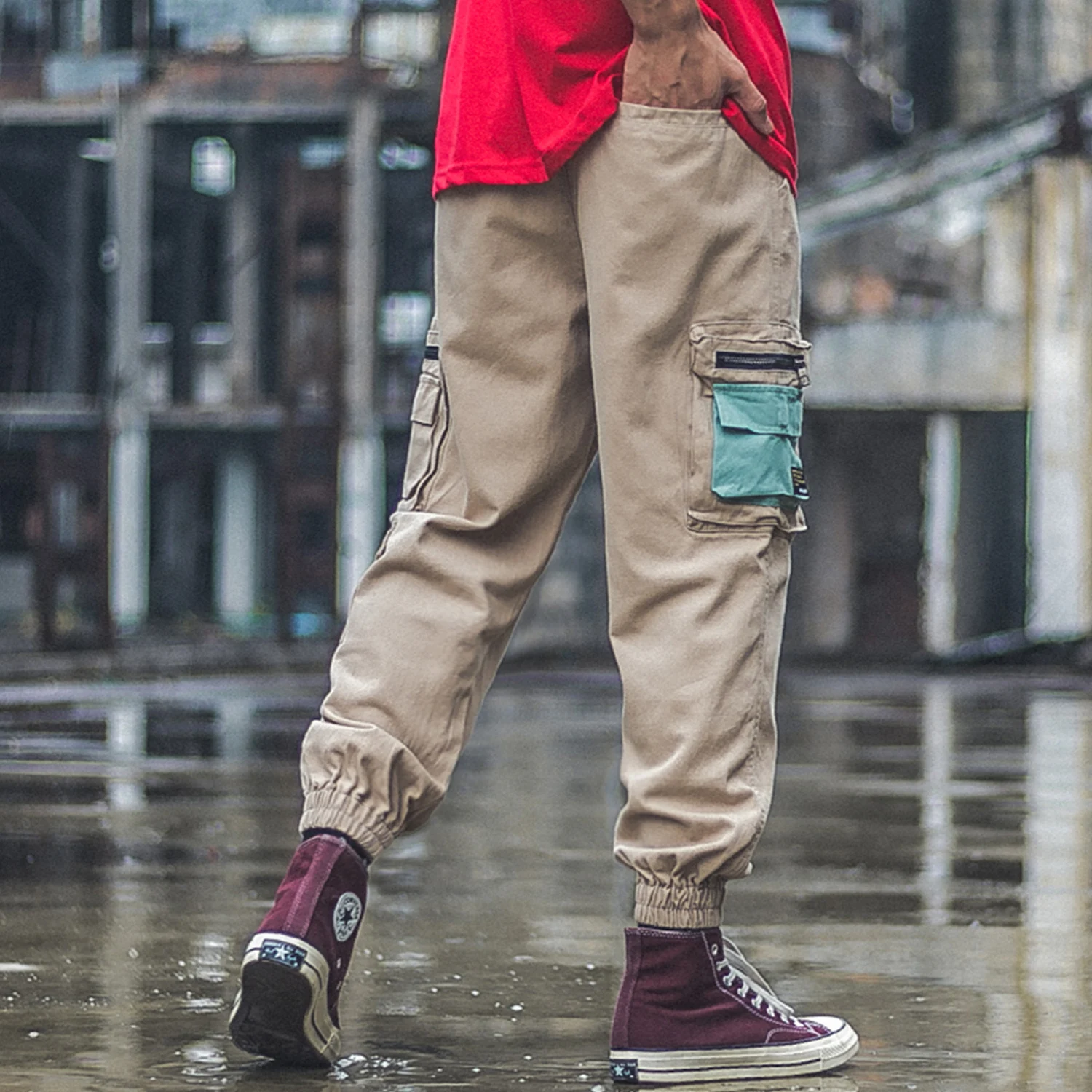 Уличная грузов Штаны мужские с молнией в мозаичном стиле несколькими карманами