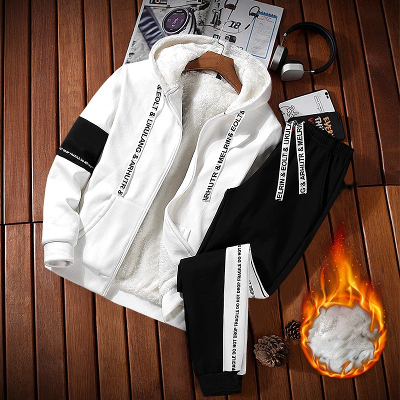 

Winter Warm Tracksuits for Men Casual Men's Set Fleece Sweatshirt Suit Hoodies + Pants Two Pieces Set Mens Hoodie Track Suits