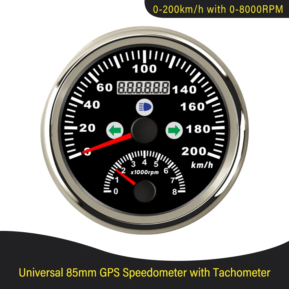 Водонепроницаемый 85 мм 0-200 км/ч GPS Спидометр 0-8000 об/мин Тахометр вращающийся