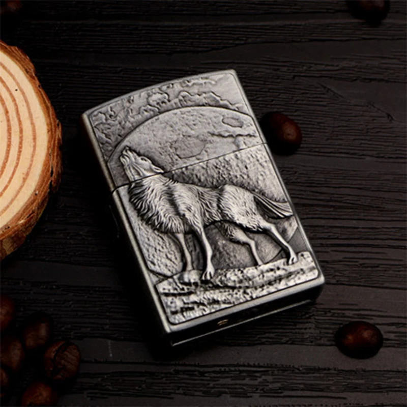 Винтажная рельефная Зажигалка на реактивных колесах Wild Wolf& Moon портативная сигаретная дымовая надувная Классическая Бутановая газовая зажигалка