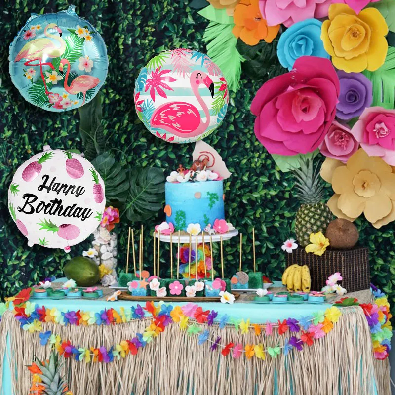 Hawaiian Party Balloon 18 Inch Round Flamingo Foil Balloon Flamingo Wine Glass Leaf Ballon Birthday Party Decoration