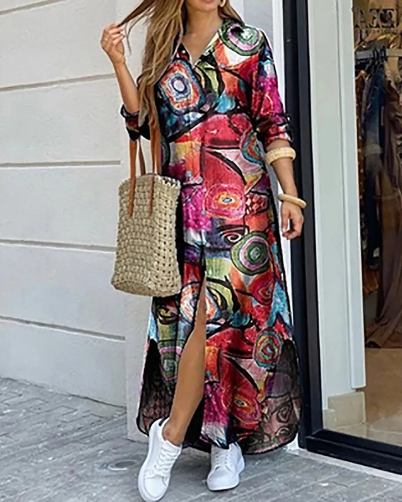

Women's Dress Button Design Slit Graphic Print Maxi Shirt Dress New Casual long Dress