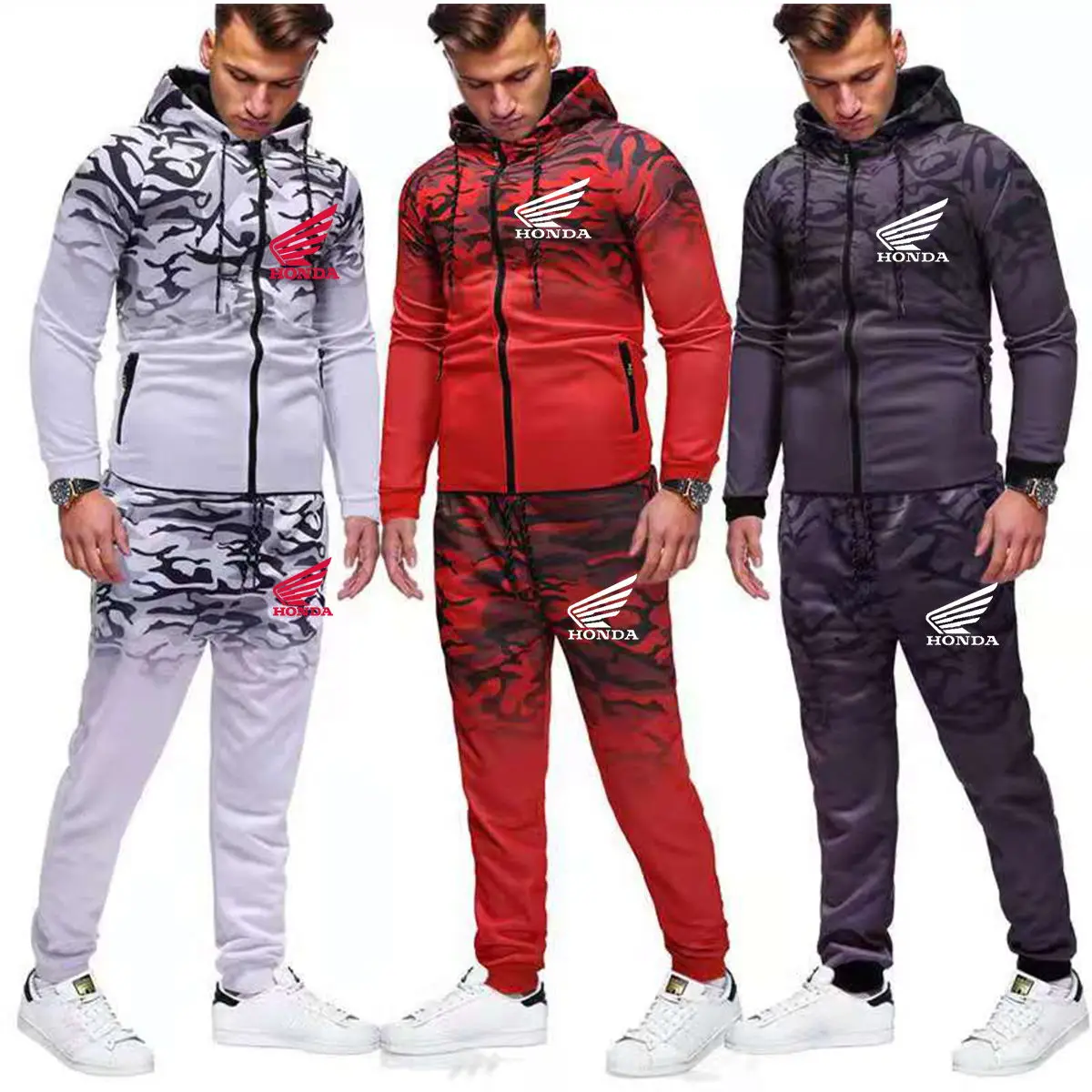 

2021 new AliExpress EBAY Amazon European and American men's casual sports sweater Gradient printing zipper sweater suit