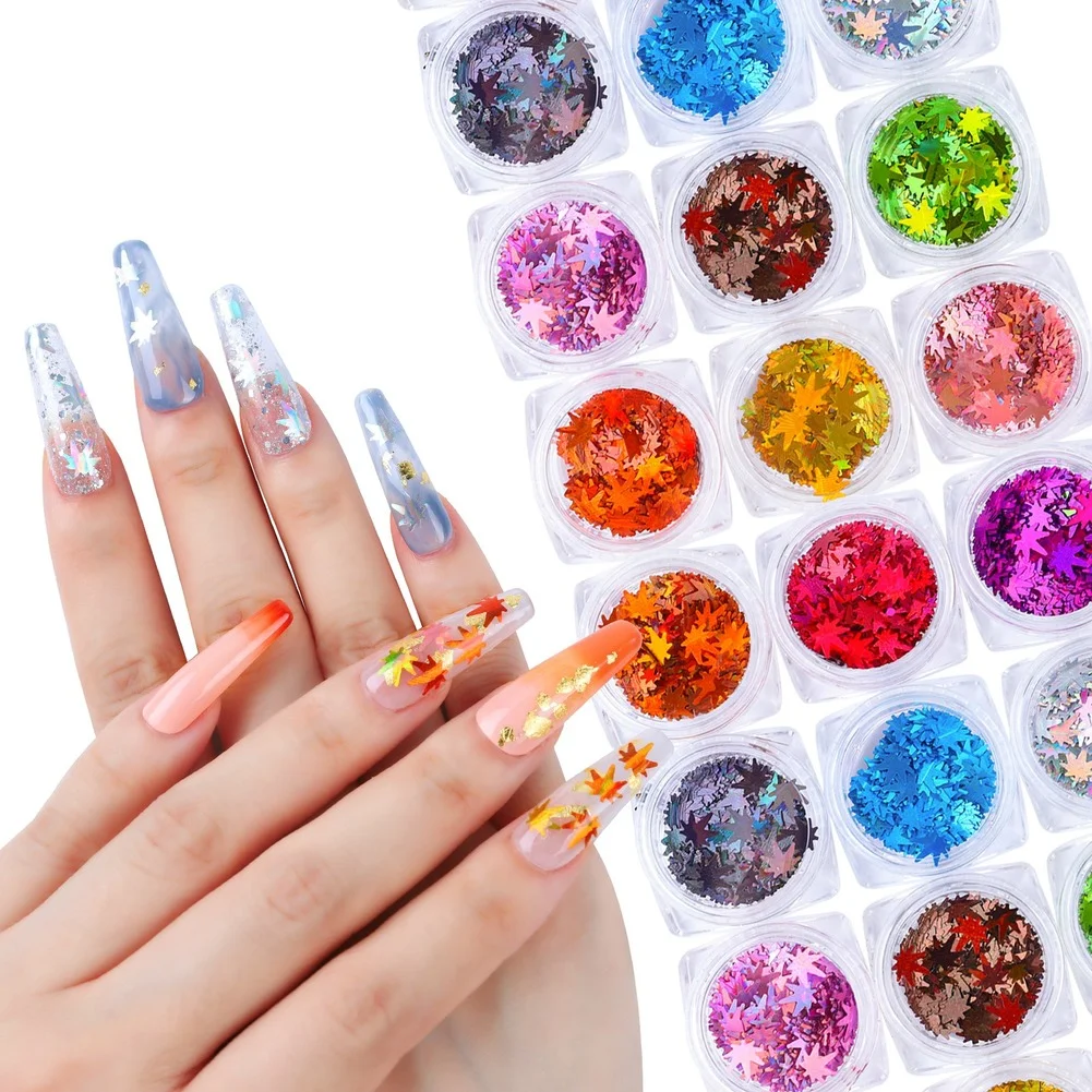 

12 Grids/Set Grid Maple Leaves Nail Art Sequins Holographic Laser Glitter Flakes Paillette 3D Stickers Nail Art Decorations