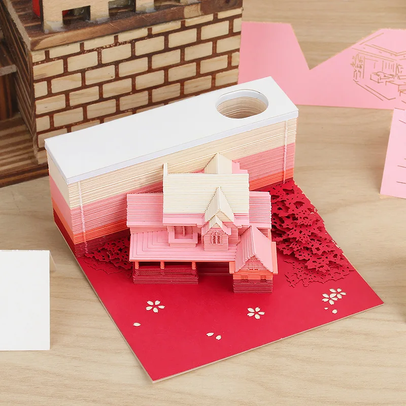 

Customized 3d Creative Wooden House Memo Pad Building Model Gift Paper Sculpture Tearable Art Sticky Note Decor Gift