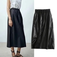 maxdutti faldas mujer moda 202 simple solid high waist elastic skirt women england style fashion skirts womens pu leather midi