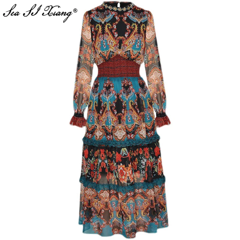 

Женское шифоновое платье с воротником-стойкой и расклешенными рукавами Seasixiang, дизайнерское винтажное платье с поясом и принтом на весну