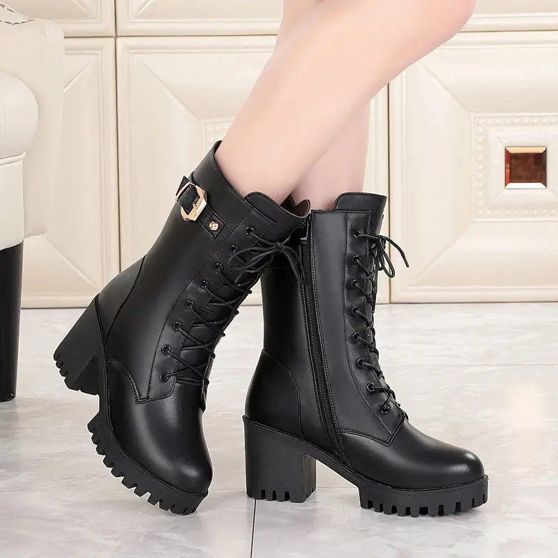 

Winter High-heeled Genuine Leather Women Winter Boots Thick Wool Warm Women Military Boots High-quality Female Snow Boots