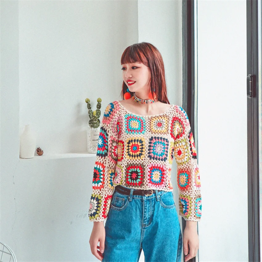 Женский винтажный пуловер с длинным рукавом разноцветный вязаный свитер ручной