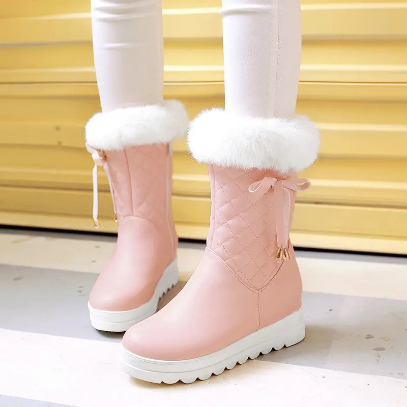

New Ladies Sweet Bowknot Mid Calf Boots Winter Fashion Warm Plush Lining Increased Snow Boots Zipper Platform Flat Women's Shoes