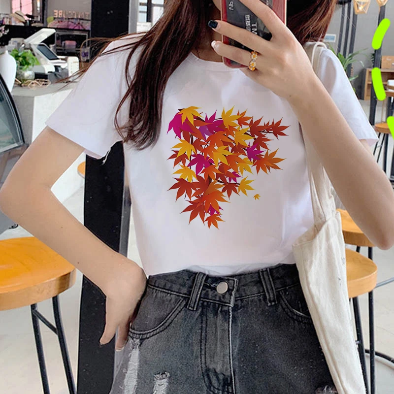 

2020 Women's T-shirt Red Maple Leaf Painted T-shirt 90s Harajuku Ladies Print Summer Ladies Top Short Sleeve Ladies