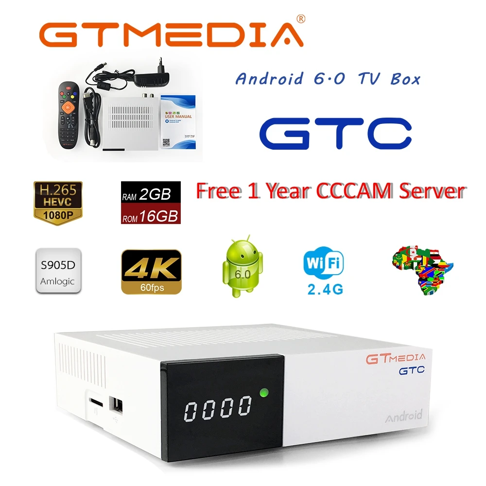 Box with 1Year CCcam Freesat GTC 4 K Android ТВ поле рецепторов DVB-C кабель Youtube DVB-S2 DVB-T2 Bluetooth 4,0 спутниковый ресивер Cccam IP ТВ biss VU - Цвет: Box with 1Year CCcam
