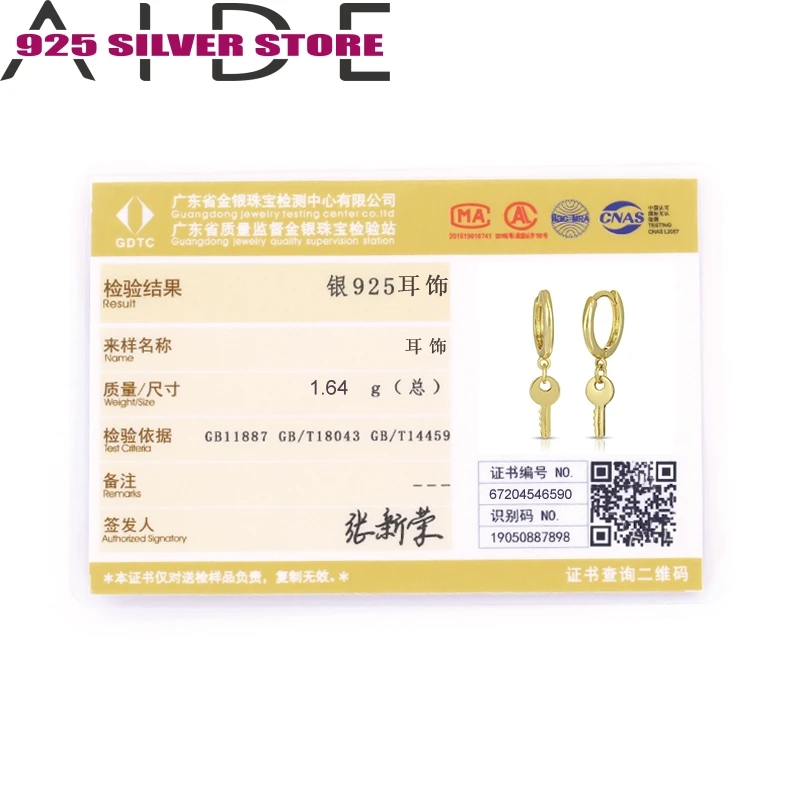 

Aide 925 Silver European and American Fashion Key Earrings Simple and Individual Versatile Temperament Earrings