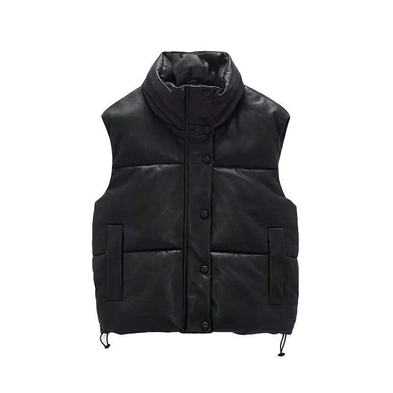 

Vintage Women PU Leather Down Vest 2021 Spring-Autumn Fashion Ladies Waterproof Waistcoats Casual Female Chic Outerwear Girls
