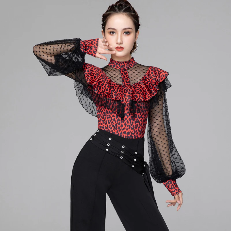 

Modern National Standard Dance Costume Female Elegant Lace Long Sleeve Leopard Jumpsuit Latin Dance Tops Samba One-Piece