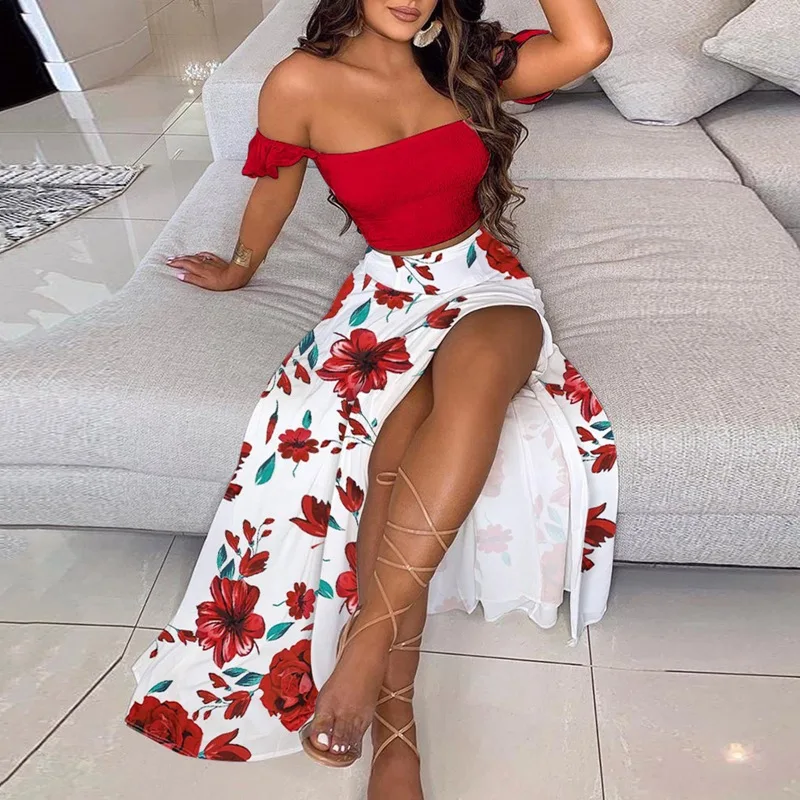 

Floral Print Split Skirt Suit Women Sexy Strapless Tube Women's Top Suit Summer New Beach 2 Piece Suit for Woman Clothing