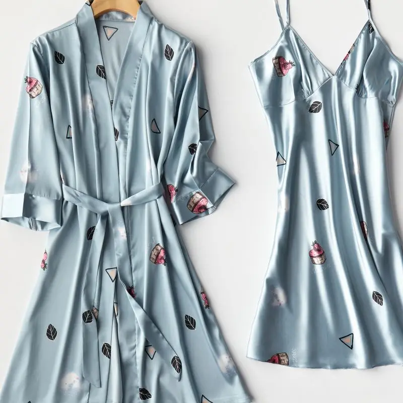 

Faux Silk Pink Robe Set Women Printed Kimono Gown Summer New 2PCS Sleepwear Female Nighty&Robe Set Casual Intimate Lingerie