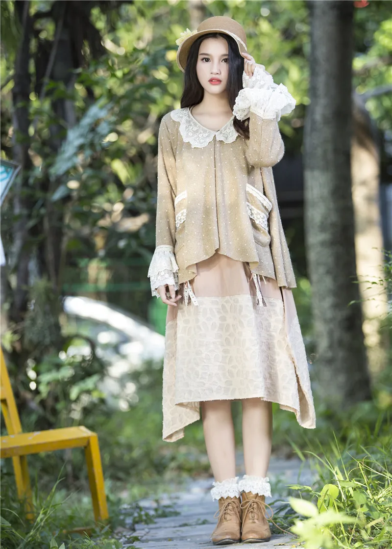 Кардиган женский оверсайз с кружевным воротником милая вязаная шерстяная куртка