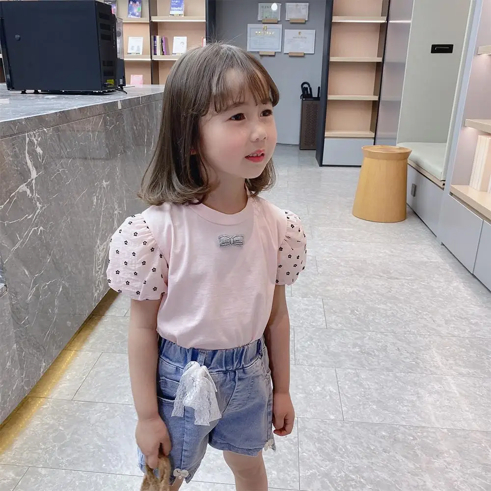 

Girl T-Shirts Summer New Baby Flower Print Puff Sleeved Slim Sweet Style All Match Casual Kids Children Clothes Pulls Tops Tees