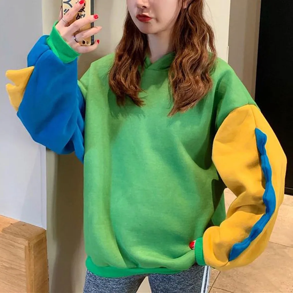 

2021 Fashion Hoodies Women Casual Loose Long Sleeve Kawaii Splice Dinosaur Sweatshirt Tops Patchwork Hoody